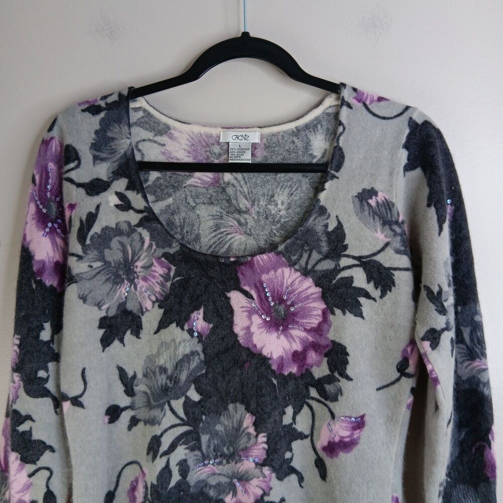 Cache Sweater Women Large Lambswool Angora Floral Gray Soft Classy Sophisticated - Picture 6 of 6